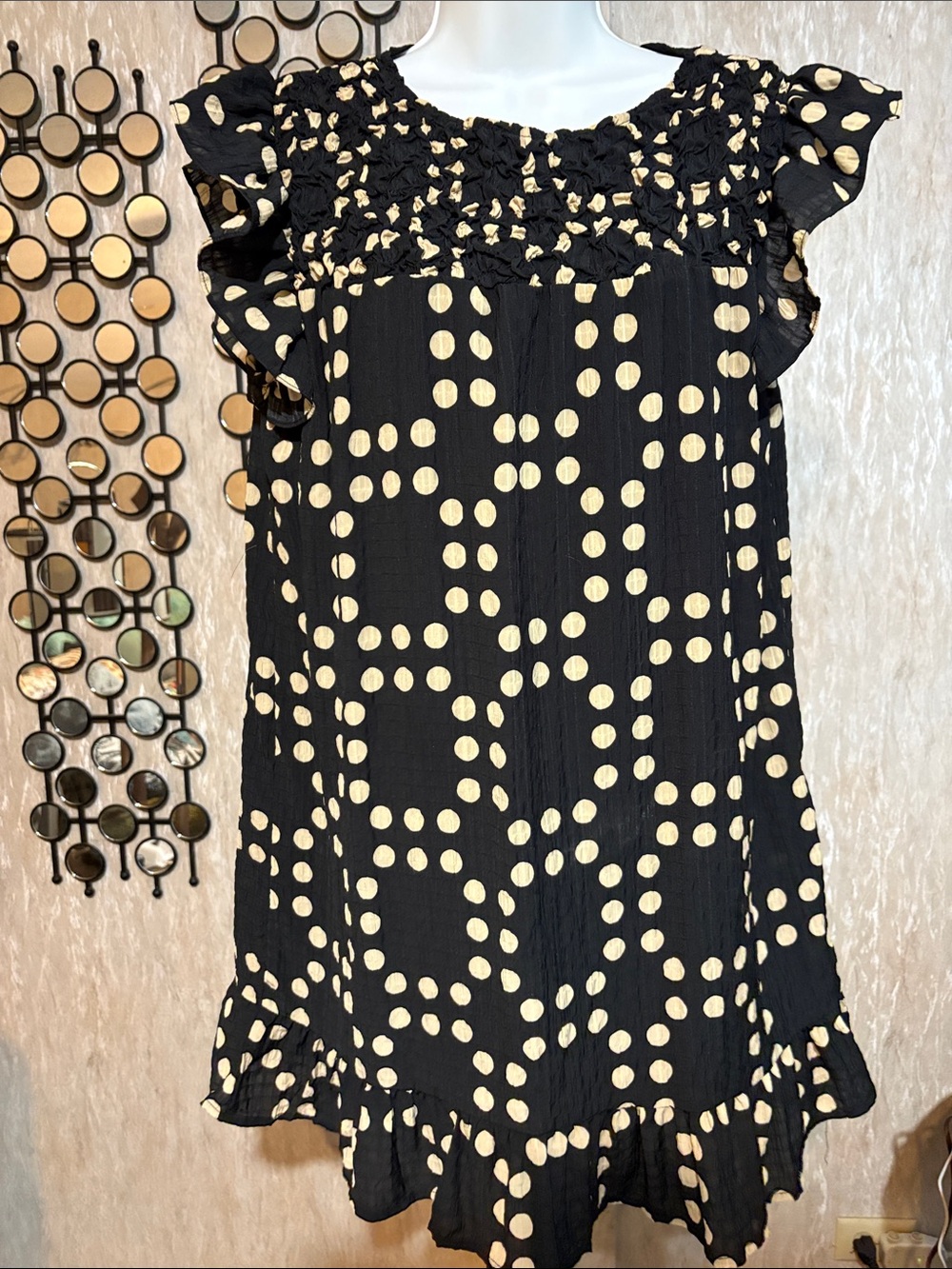 Paper Crane Black Mini Dress with Cream Polka Dots